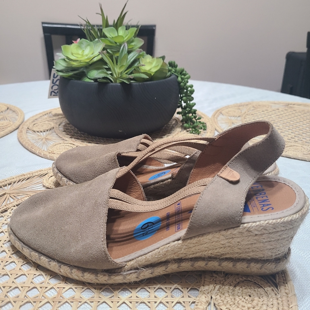 Made In Spain...Tan Leather Espadrille Wedge Sandals with Slingback